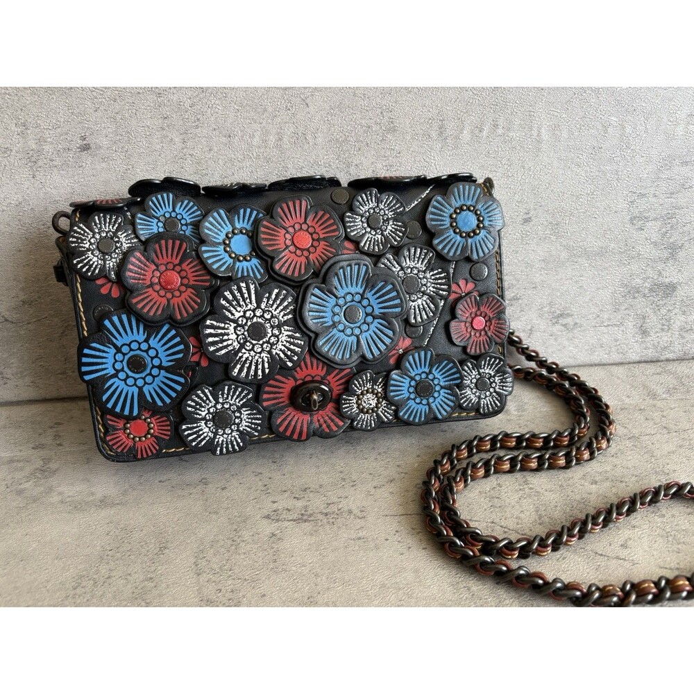 RARE! COACH 1941 Multicolor Tea Rose Applique Dinky Crossbody Leather Bag 20215
